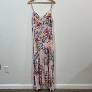 Charmed Hearts Floral Pink Pleated Summer Chiffon Sundress Midi Dress Size L